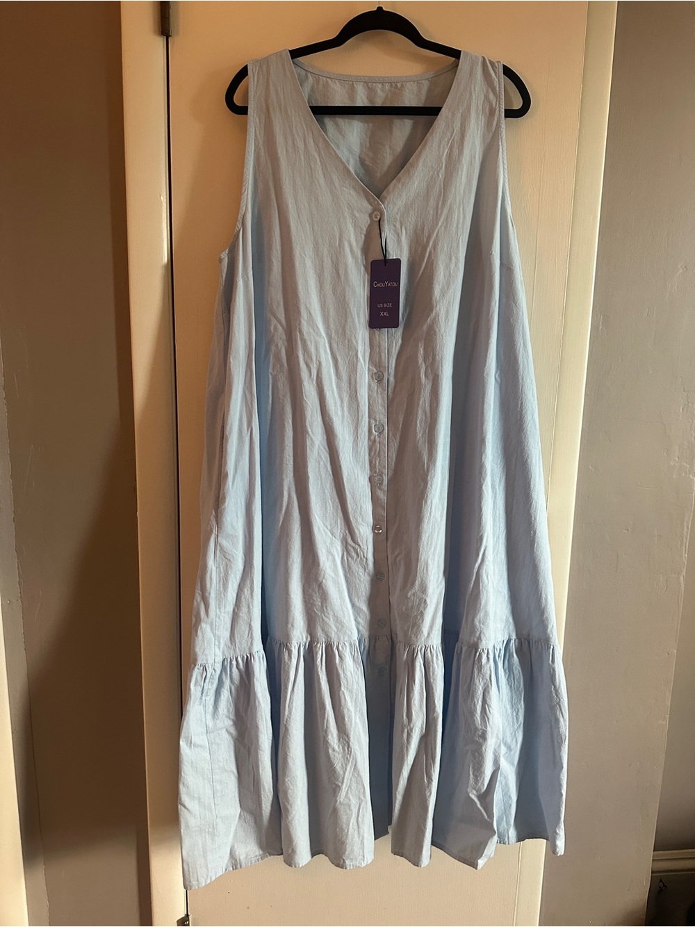 Light Blue Sleeveless Button-Front Maxi Dress